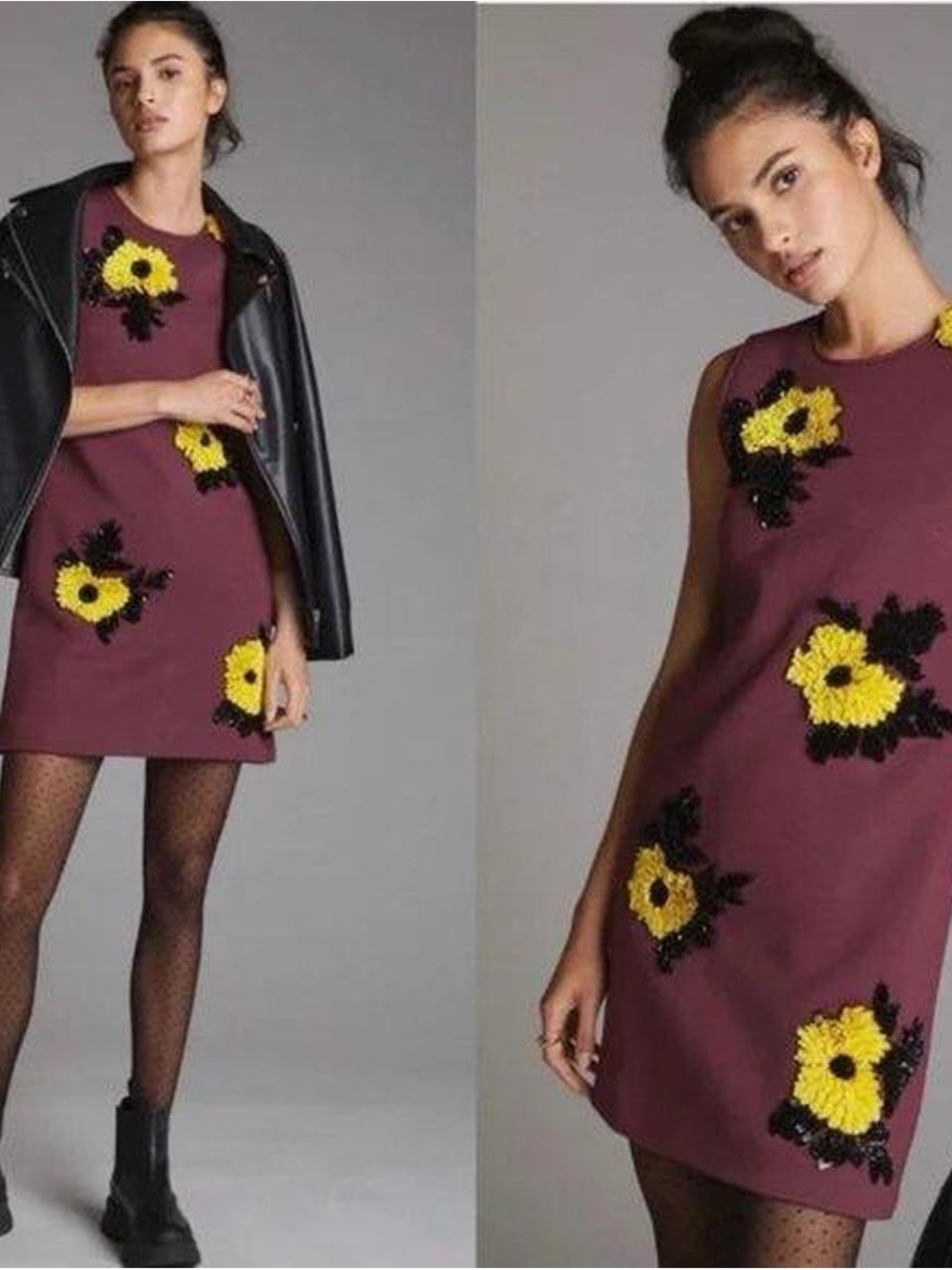 Plum Sleeveless Mini Dress with Yellow Floral Embellishments